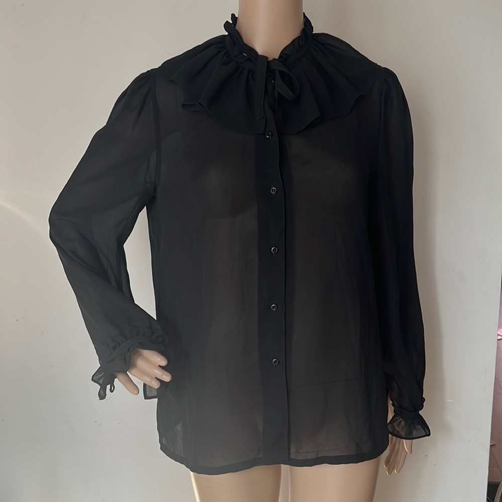 Black High Neck Bow Tie Front Ruffle Sheer size 12